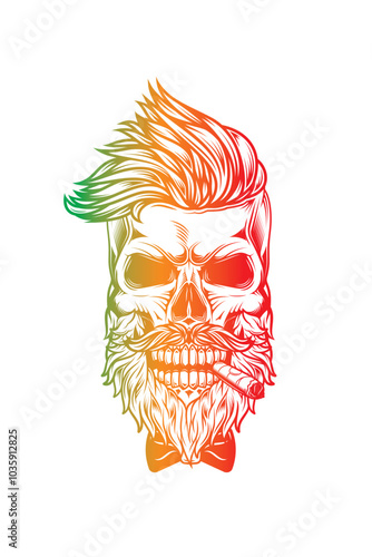 Hipster skull with beard and mustache with cigar in mouth.. Original vector illustration in vintage style. T-shirt design.