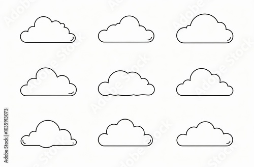Set of clouds in a linear style. Cloud in line or outline collection. Vector illustration