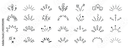 Line confetti exclamation icon elements. Doodle line rays. Abstract radial sunburst light shine spark explosion elements. Hand drawn sun burst sparkle vector collection.