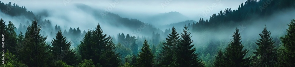 Captivating view of pine trees blanketed in morning fog. Captivating view of pine trees blanketed in morning fog.