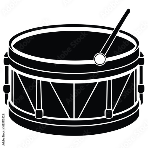 Black and white drum and drumsticks vector icon illustration