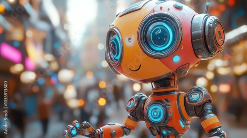 A friendly, futuristic robot with orange and blue features stands in a vibrant, bustling street scene, showcasing the blend of technology and urban life.