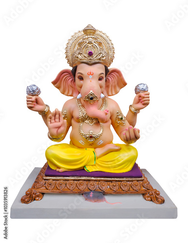 Hindu God Ganesha on white background, Ganesha Idol. Ganesh festival. photo