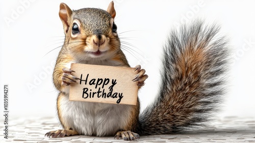 Cute squirrel holding a 'Happy Birthday' sign against a white background.