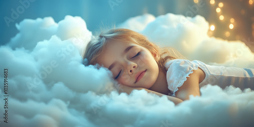 Cute little girl sleeping and dreaming on the sweet clouds