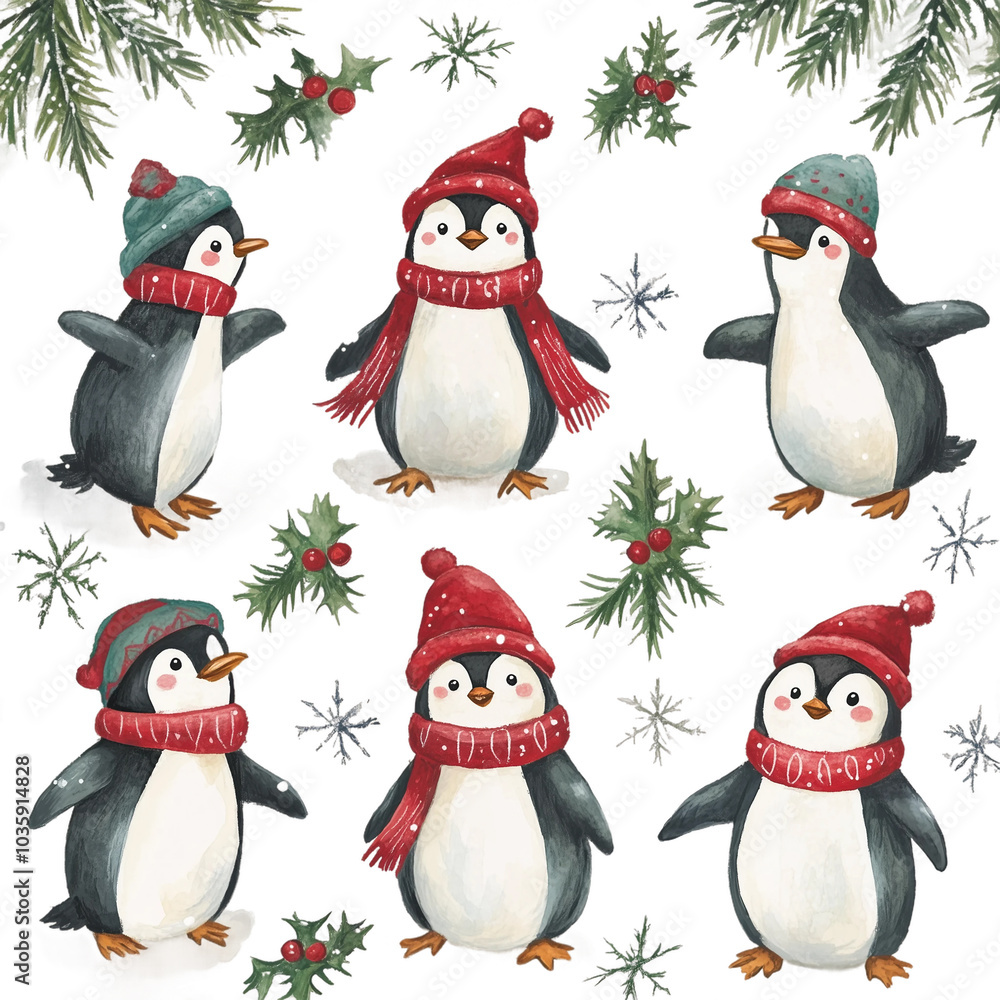Fototapeta premium Christmas Clip art penguins with a hat that says penguin watercolor Illustration Background.