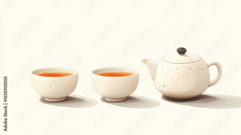 Delicate Japanese tea set featuring a teapot and two cups filled with aromatic tea on a soft backdrop Delicate Japanese tea set featuring a teapot and two cups filled with aromatic tea on a soft backdrop