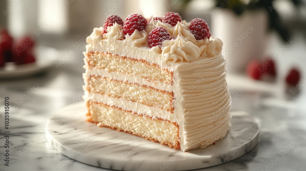 Slice of vanilla layer cake with cream frosting and fresh raspberries on a marble plate. Slice of vanilla layer cake with cream frosting and fresh raspberries on a marble plate.
