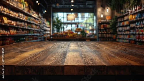 Wooden Table Displayed in the Aisle of a Grocery Store with Various Products Around