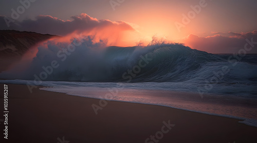 Dramatic Sunset Wave Crashing on Sandy Beach