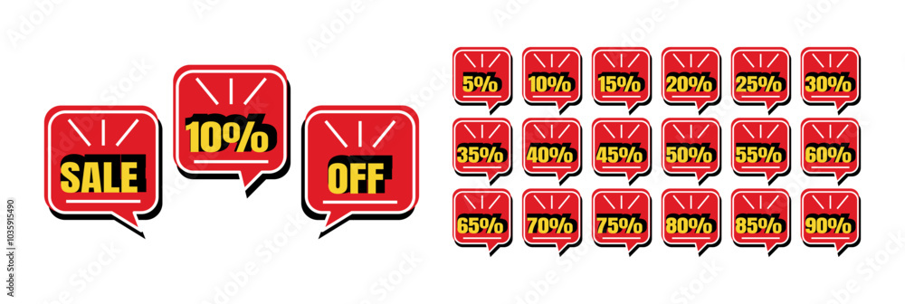 custom made wallpaper toronto digitalSet of discount labels. 5, 10, 15, 20, 25, 30, 35, 40, 45, 50, 55, 60, 65, 70, 75, 80, 85, 90 percent off. Sale. Three speech bubbles in red and yellow colors.