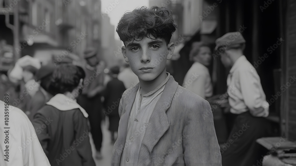 Naklejka premium Young Man on a Crowded Street in New York – 1940s Urban Life and Historical Scene