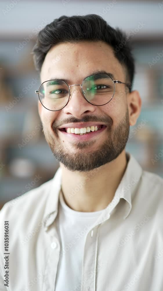 Close up portrait of happy man with beard and glasses stands confidently in home office with smile. Headshot of a handsome male in a shirt posing in the living room looking at camera. Vertical video Close up portrait of happy man with beard and glasses stands confidently in home office with smile. Headshot of a handsome male in a shirt posing in the living room looking at camera. Vertical video