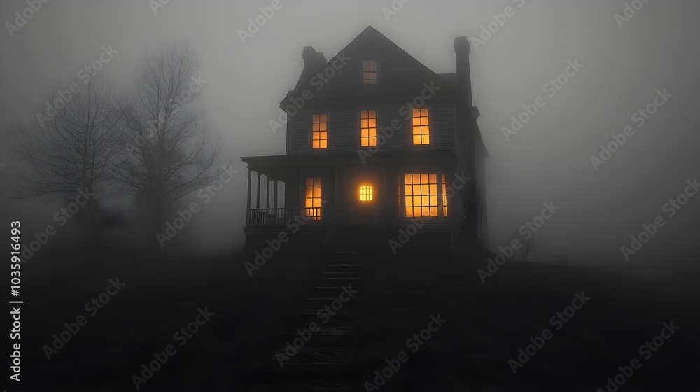 a shadowy silhouette of a haunted house with glowing windows. haunted house shadow poster a shadowy silhouette of a haunted house with glowing windows. haunted house shadow poster