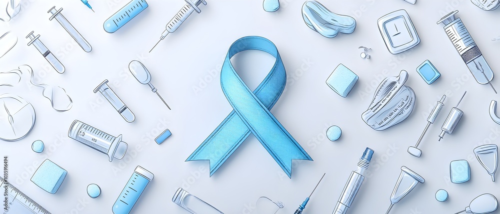 Fototapeta premium a simple blue awareness ribbon at the center of the wallpaper, surrounded by minimal vector icons such as insulin syringes, glucose monitors, and sugar cubes. world diabetes day