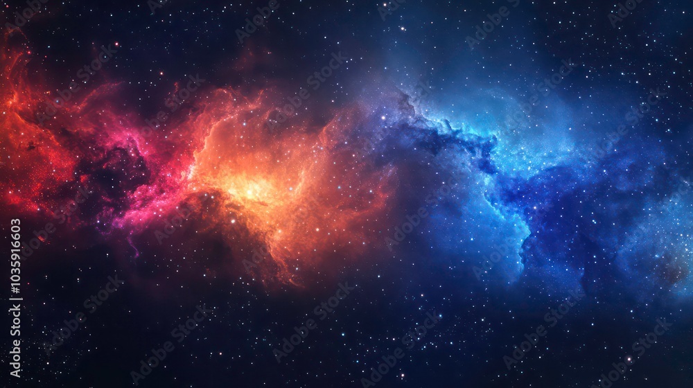 A vibrant nebula with swirling colors of red, orange, pink, and blue against a dark starry night sky. A vibrant nebula with swirling colors of red, orange, pink, and blue against a dark starry night sky.