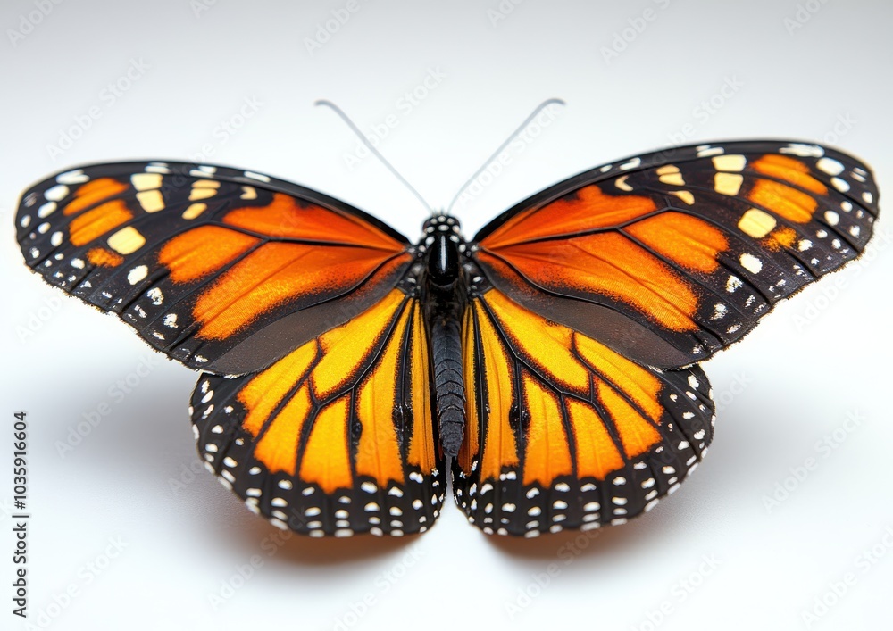 Fototapeta premium Close-up of a vibrant monarch butterfly with open wings displaying striking orange and black patterns.