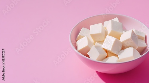 White tofu cubes in a pink bowl on a pink background.