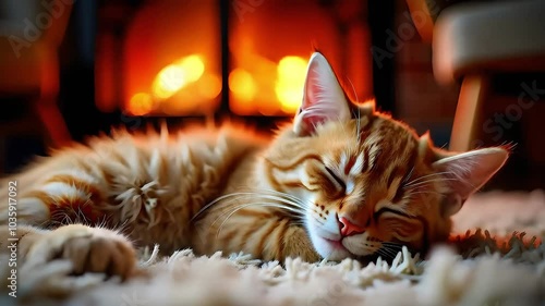 Adorable cat sleeping by the fireplace in a cozy room. Generative AI