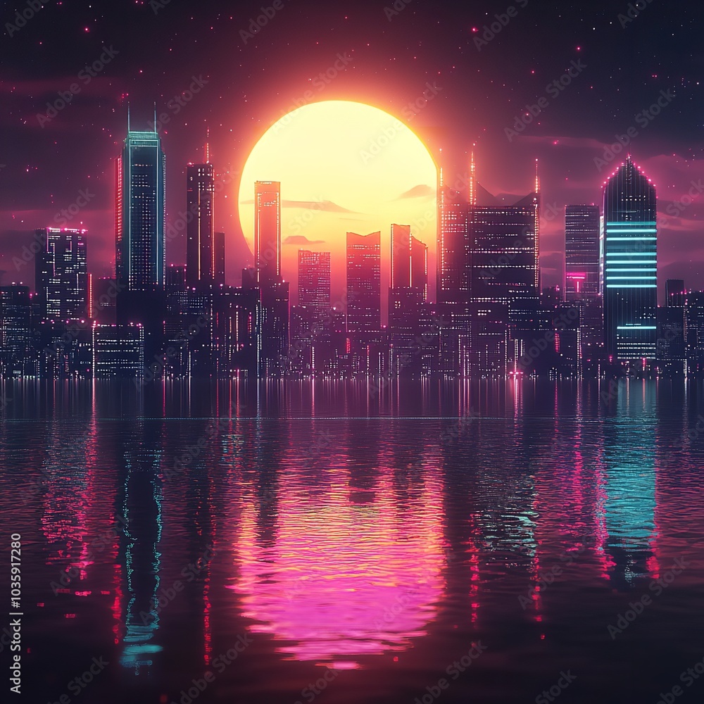 Fototapeta premium Retro 80s Synthwave Cityscape with Neon Colors