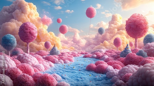 Surreal landscape of fluffy pink and blue trees under a dreamy sky.