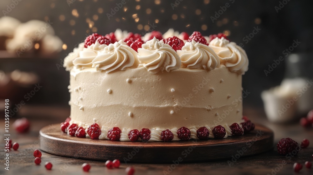 Elegant vanilla cake adorned with raspberries and white frosting swirls. Elegant vanilla cake adorned with raspberries and white frosting swirls.