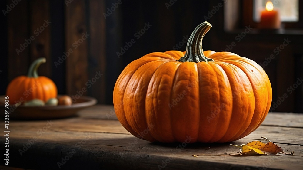 Autumn Harvest Pumpkin on Wooden Table with Ample Negative Space Autumn Harvest Pumpkin on Wooden Table with Ample Negative Space