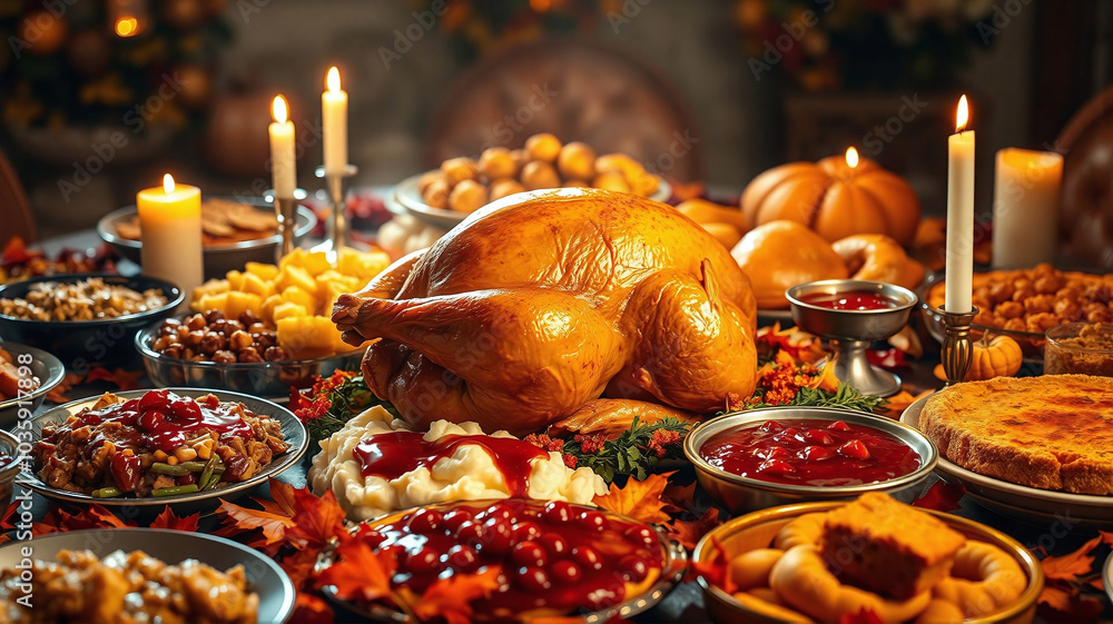 Thanksgiving feast with turkey, side dishes, and festive decorations on a table Thanksgiving feast with turkey, side dishes, and festive decorations on a table
