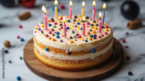 Colorful birthday cake with candles on a wooden platter, celebrating a special occasion.