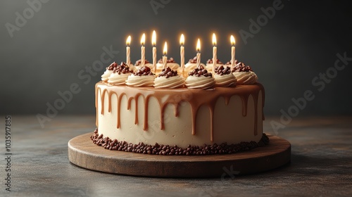 Elegant chocolate cake with caramel frosting and lit candles for a birthday celebration.