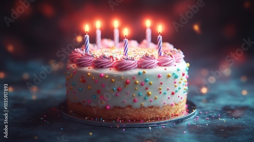 Colorful birthday cake with lit candles and vibrant sprinkles, creating a festive and joyful atmosphere.