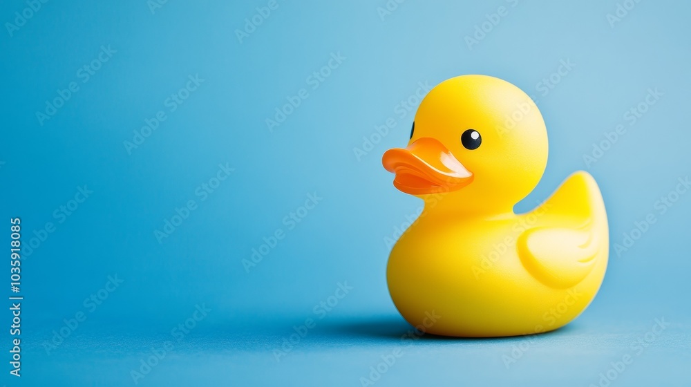 A bright yellow rubber ducky, perfect for bath time, sits against a blue background. A bright yellow rubber ducky, perfect for bath time, sits against a blue background.