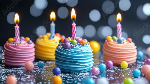 Colorful cupcakes with lit candles set against a festive bokeh background.