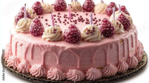 Delicious pink raspberry cake with candles and decorative frosting swirls.
