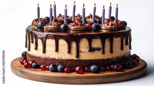 Decadent chocolate birthday cake adorned with berries and lit candles, ready for celebration.