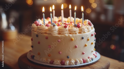 A beautifully decorated birthday cake with lit candles and a festive atmosphere.