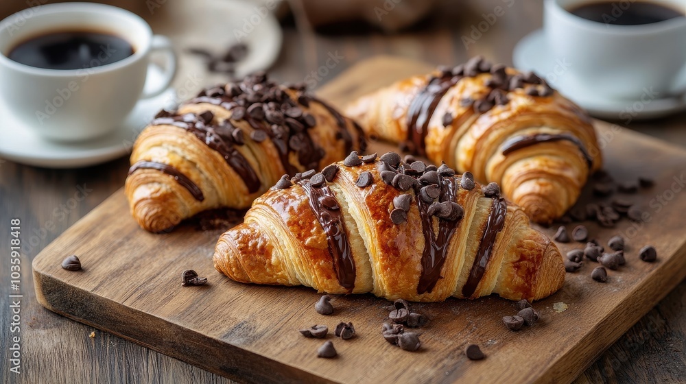 Fresh Chocolate Croissants on Wooden Board Fresh Chocolate Croissants on Wooden Board