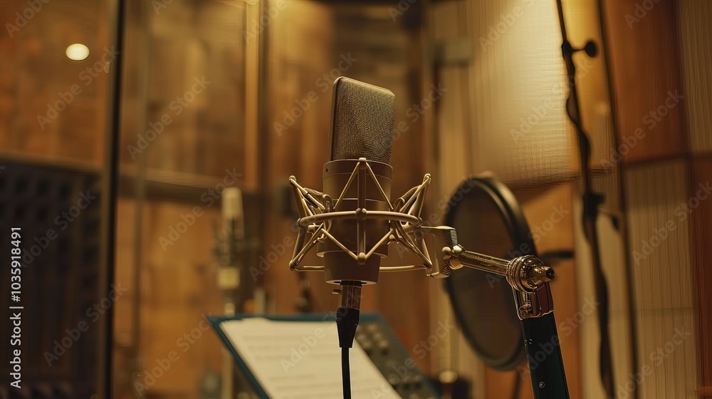 Close-up of microphone on stand in soundproof recording studio, positioned in front of script stand, symbolizing voice acting and audio production.