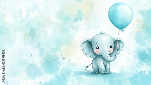 A cute baby elephant painted in watercolor, holding a balloon. Perfect for a baby boy shower, nursery decorations, or birthday invitations.