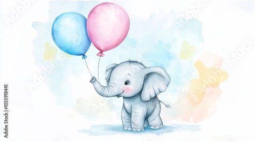 A cute baby elephant painted in watercolor, holding a balloon. Perfect for a baby boy shower, nursery decorations, or birthday invitations.