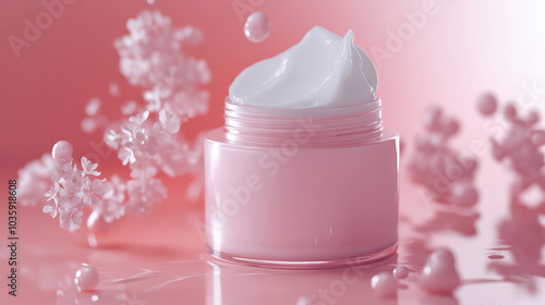 pink jar of skincare cream is surrounded by delicate floral elements, creating soft and luxurious atmosphere. creamy texture and pastel colors evoke sense of beauty and care