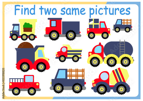 Find two identical pictures kids puzzles vector illustration. Activity for preschool children with comparing objects and finding 2 identical ones.	
