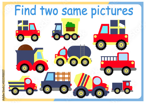 Find two identical pictures kids puzzles vector illustration. Activity for preschool children with comparing objects and finding 2 identical ones.	
