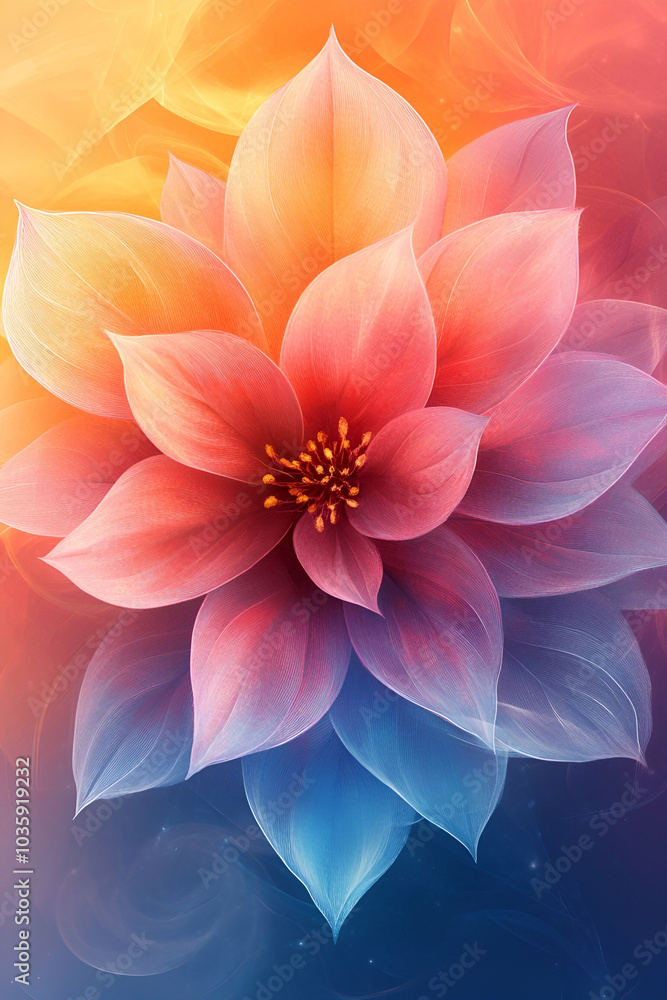 A vibrant, multicolored flower with pink and blue petals against a soft, gradient background. A vibrant, multicolored flower with pink and blue petals against a soft, gradient background.