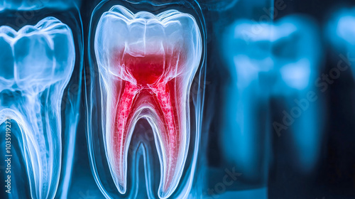 Inflammation of the dental pulp is a dental problem. When the dental pulp becomes inflamed, it irritates the nerves and causes pain in the tooth. The X-ray shows a tooth with severe inflammation.