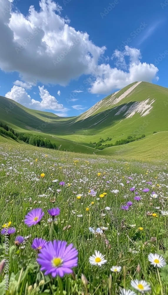 Obraz premium A vibrant meadow filled with wildflowers stretches out before a rolling green hill under a bright blue sky.