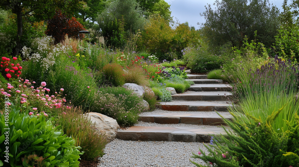Naklejka premium Elegancki ogród pełen starannie zaplanowanych zakątków, w których rosną egzotyczne rośliny, trawy ozdobne i kolorowe kwiaty.