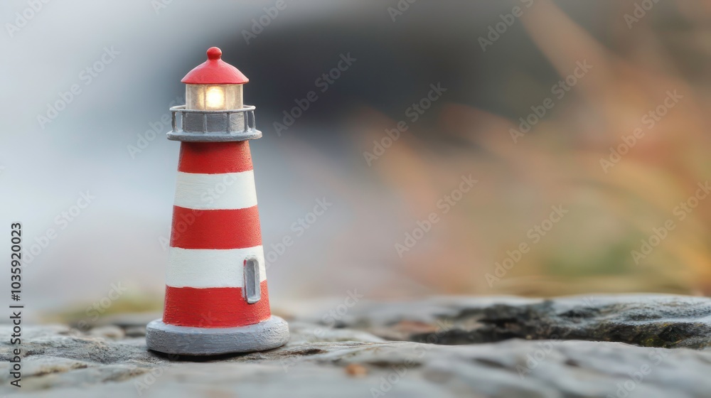 A small red and white lighthouse with a lit lantern stands on a rock with a blurred natural background. A small red and white lighthouse with a lit lantern stands on a rock with a blurred natural background.