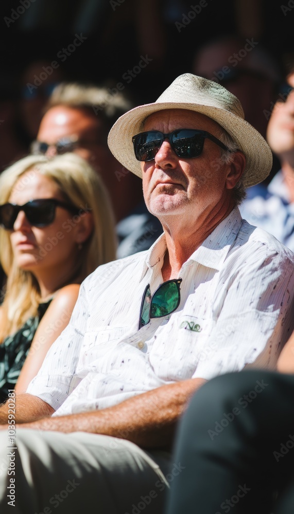 A man in a white shirt and hat with sunglasses looks off to the side. A man in a white shirt and hat with sunglasses looks off to the side.