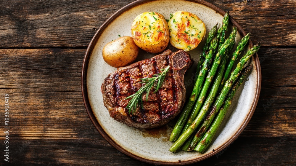 Grilled Steak with Asparagus and Potatoes on Plate Grilled Steak with Asparagus and Potatoes on Plate